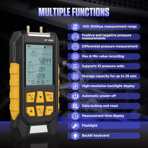 LUTIFIX Manometer, Dual-Port HVAC Manometer with 7 Adapters, 10 Units Switch, Data Locking & Storage, Magnetic Back, Gas Pressure Tester, -100~300Kpa, PT530 - Image 2