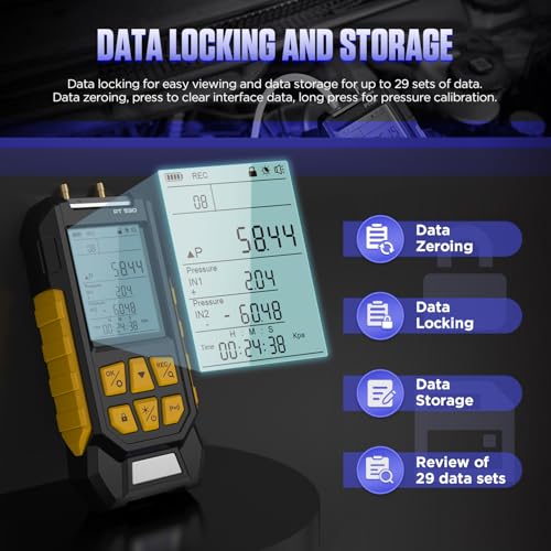 LUTIFIX Manometer, Dual-Port HVAC Manometer with 7 Adapters, 10 Units Switch, Data Locking & Storage, Magnetic Back, Gas Pressure Tester, -100~300Kpa, PT530 - Image 5