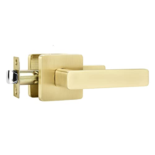 Leydebong 1 Pack Passage Door Handles, Satin Brass Door Knobs Interior, Hallway Closet Door Levers Keyless Gold Door Handle, Heavy Duty Reversible for Left or Right Handles - Image 1