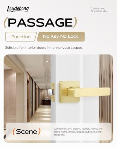 Leydebong 1 Pack Passage Door Handles, Satin Brass Door Knobs Interior, Hallway Closet Door Levers Keyless Gold Door Handle, Heavy Duty Reversible for Left or Right Handles - Image 2