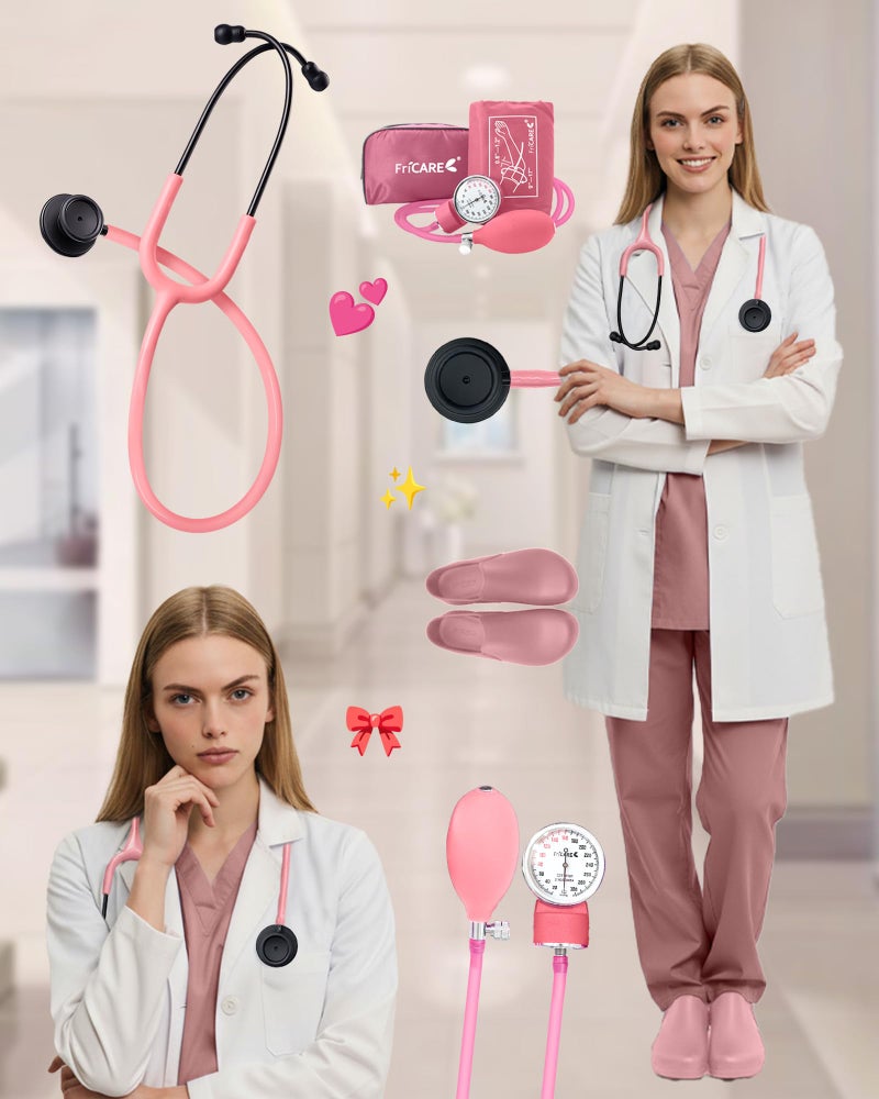 FriCARE Dual Head Stethoscope - Stethoscopes for Nurses, Medical Nursing Students, Paramedics/EMT/LVN/VNA Backup Estetoscopio, Aurora Pink Tube Matte Black Finish Chestpiece - Image 2