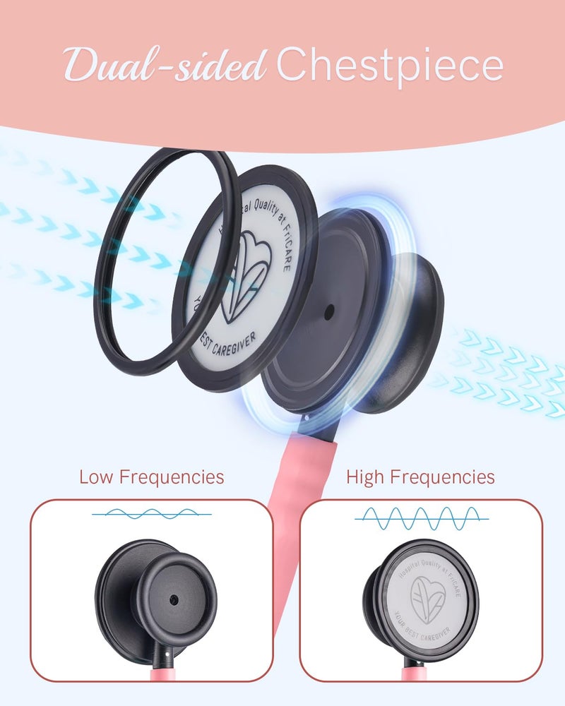 FriCARE Dual Head Stethoscope - Stethoscopes for Nurses, Medical Nursing Students, Paramedics/EMT/LVN/VNA Backup Estetoscopio, Aurora Pink Tube Matte Black Finish Chestpiece - Image 4