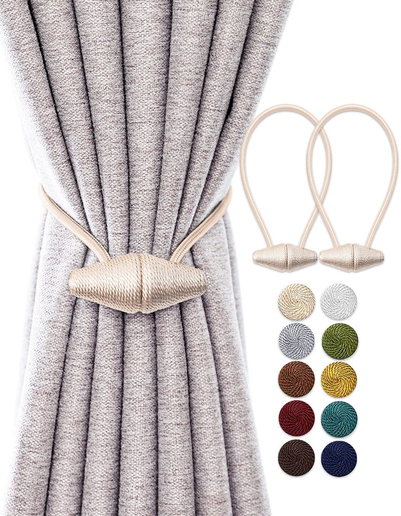 TECVINCI Magnetic Curtain Tiebacks with Upgrade Larger Magnet 2 Pack 16 Inch Drapery Holdbacks for Indoor  Outdoor Curtain  Beige