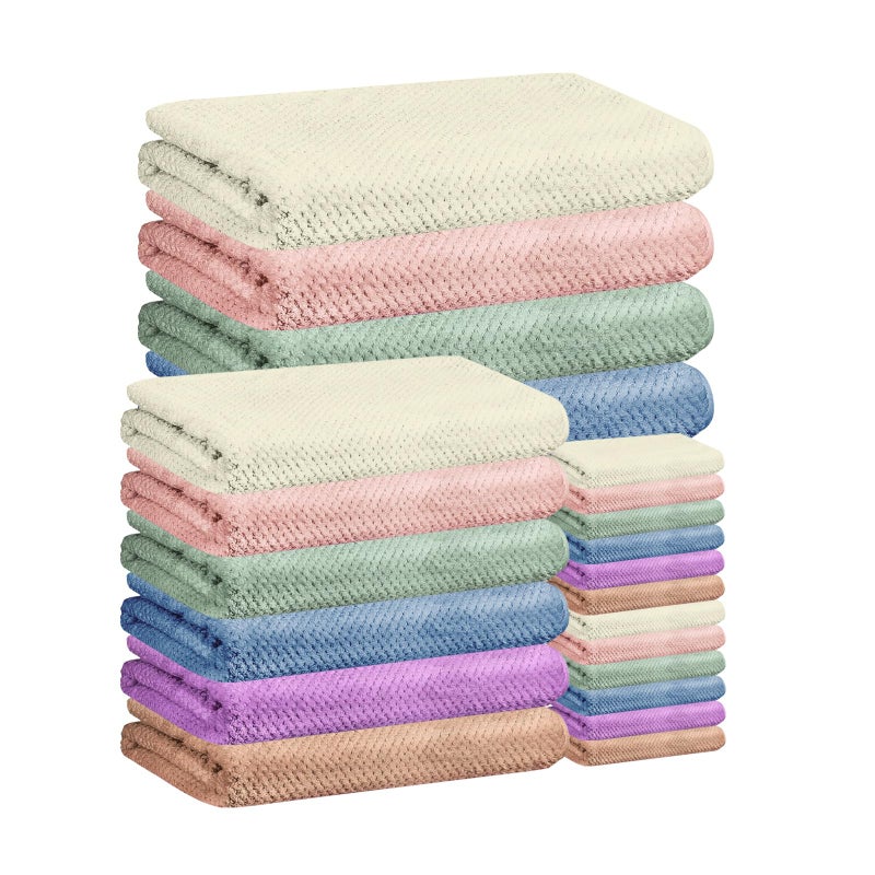 SENONAPO 24 Pcs Towels Set 6 Bath Sheets 6 Washcloths and 12 Hand Towels, Reusable Absorbent Quick Dry Colorful Coral Velvet Towel for Shower Bath Spa Hotel Bathroom Supplies (Multicolor) - Image 1
