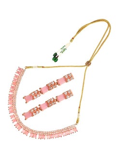 Just Peachy Just Peachy Gold-Plated Pink & White Stone-Studded Beaded Jewellery Set – Luxurious Necklace and Earrings for Special Occasions, Weddings, and Festive Events  - Image 1