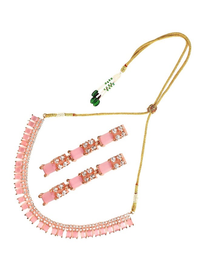 Just Peachy Just Peachy Gold-Plated Pink & White Stone-Studded Beaded Jewellery Set – Luxurious Necklace and Earrings for Special Occasions, Weddings, and Festive Events  - Image 1