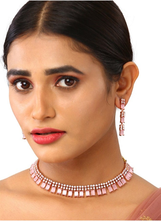 Just Peachy Just Peachy Gold-Plated Pink & White Stone-Studded Beaded Jewellery Set – Luxurious Necklace and Earrings for Special Occasions, Weddings, and Festive Events  - Image 2