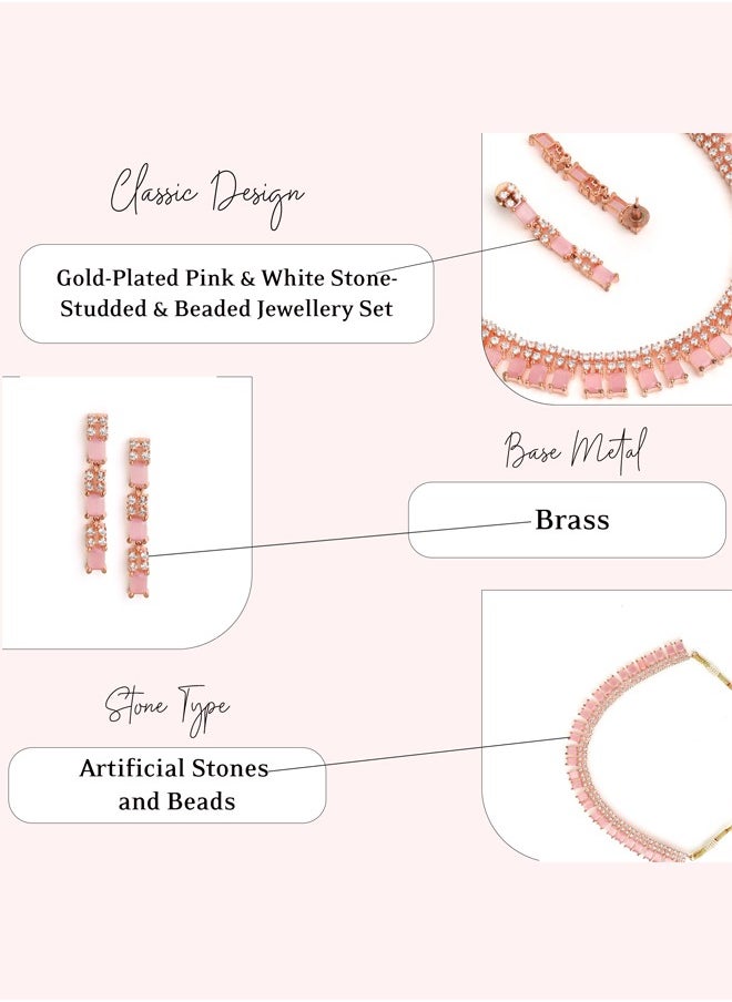 Just Peachy Just Peachy Gold-Plated Pink & White Stone-Studded Beaded Jewellery Set – Luxurious Necklace and Earrings for Special Occasions, Weddings, and Festive Events  - Image 4