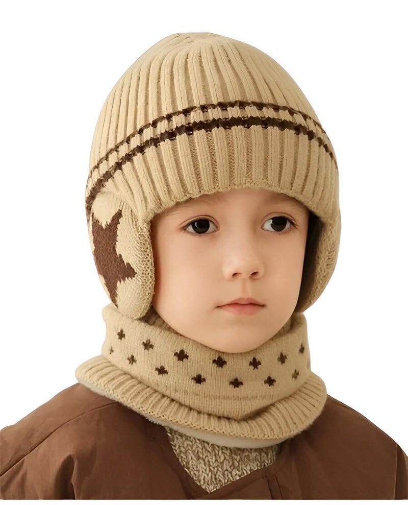 Ziory Set of Warm Fleece Knited Star Designed Beanie Cap & Scarf - Beige