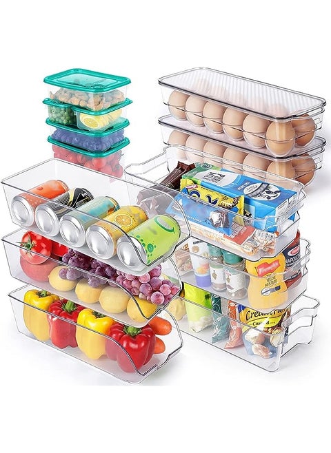 Refrigerator Organizer Bins Set of 13, Clear Stackable Fridge Organisers Boxes, BPA Free Freezer Storage Container with Handle for Kitchen Cabinet, Pantry, Countertops
