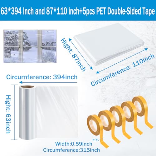 RGJ Window Insulation Kit, 63 × 394 Inch and 87 x 110 inch Plastic Window Covering for Winter, Window Insulation Film Window Wrap Insulation Windows Winterizing Kit with Double-Sided Tape - Image 2