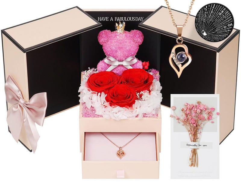 ADDWel Preserved Rose Gifts for Her- Unique Forever Preserved Real Rose with I Love You Necklace 100 Languages, Eternal Rose Gifts for Women Mom Girlfriend Wife Sister on Birthday or Anniversary - Image 1