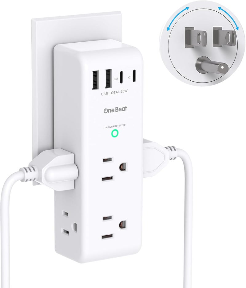 One Beat PD 20W Surge Protector Outlet Extender, Rotating Plug, 6 AC Multi Plug Outlet with 4 USB Ports (2 USB C), 1800J, 3-Sided Swivel Power Adapter with Spaced Outlet Splitter for Home Office Dorm - Image 1