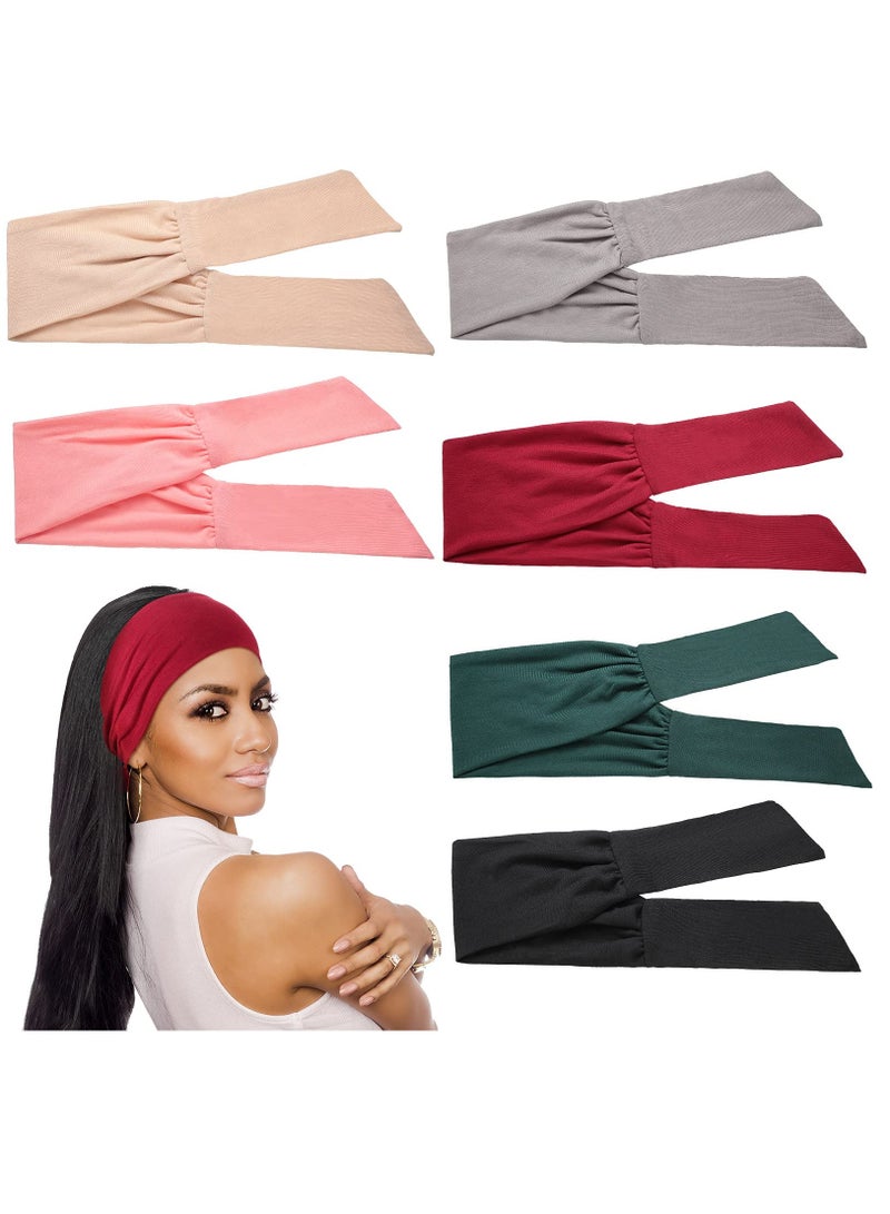 SOLARAE 6 Pieces Adjustable Headbands for Women Knotted Headbands , African Headband Yoga Elastic Non-Slip Floral Hair Bands for Running Hiking Cycling Workout,6 Colors (Without Patterns) - Image 1