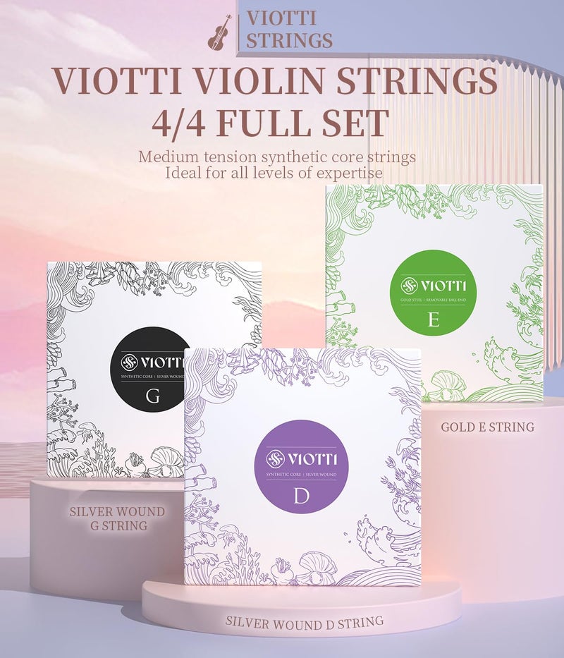 Viotti Violin Strings 4/4 Full Set | Medium Tension Synthetic-Core Strings with Gold E String for Brilliance, Power & Projection, Silver Wound D & G Strings, and Aluminum Wound A String - Image 3