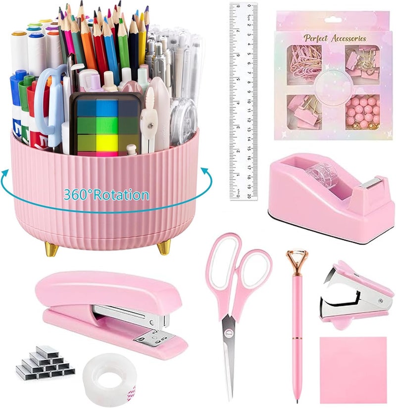 suniya Office Supplies,Desk Accessories,with Stapler,Tape Dispenser,Staple Remover,Scissor,Ballpoint Pen,Sticky Notes,Clear Tape,Staples,Desk Organizer,Ruler,Binder,Best Gift Set(Pink) - Image 1