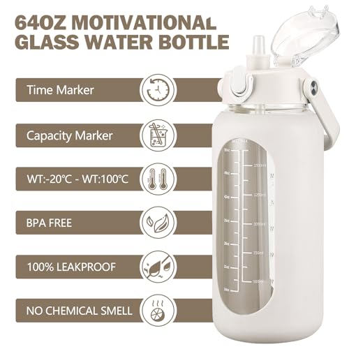 kytffu 64oz Glass Water Bottles with Straw, Half Gallon Motivational Glass Bottle with Silicone Sleeve and Time Marker, 2L Leakproof Large Glass Water Jug for Gym Home Office,White - Image 2