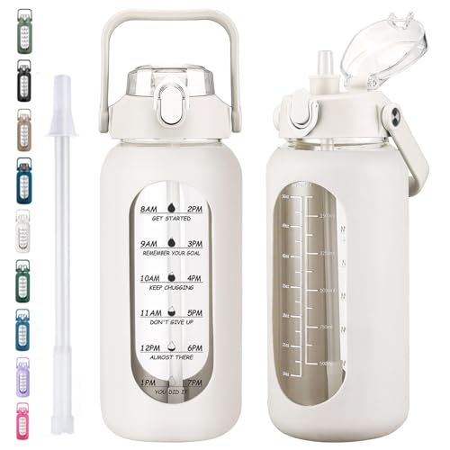 kytffu 64oz Glass Water Bottles with Straw, Half Gallon Motivational Glass Bottle with Silicone Sleeve and Time Marker, 2L Leakproof Large Glass Water Jug for Gym Home Office,White - Image 1