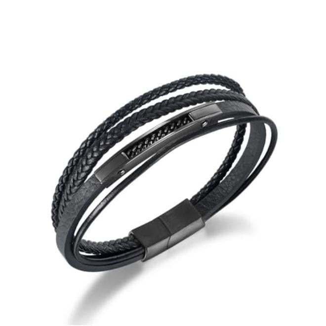 Tazweeq Classic Multi - Layer Stainless Steel Leather Bracelet, Black Stainless Steel and Leather Bracelet for Mens Magniticic Clasp Bangles Office Accessories Charrm Jewelry - Image 1