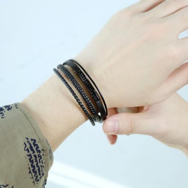 Tazweeq Classic Multi - Layer Stainless Steel Leather Bracelet, Black Stainless Steel and Leather Bracelet for Mens Magniticic Clasp Bangles Office Accessories Charrm Jewelry - Image 4