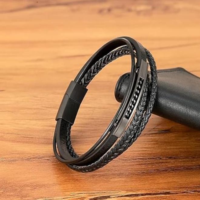 Tazweeq Classic Multi - Layer Stainless Steel Leather Bracelet, Black Stainless Steel and Leather Bracelet for Mens Magniticic Clasp Bangles Office Accessories Charrm Jewelry - Image 5