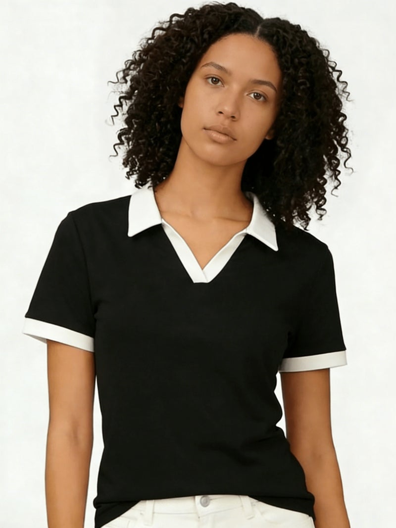 Women's Shirt, Summer Short - Sleeve T - Shirt, Collar, Polyester, Color Block, Simple Women's Top, Stretchy, Pullover, Spring\u002FSummer Style, Casual Business Style, Women's Apparel,... - Image 2