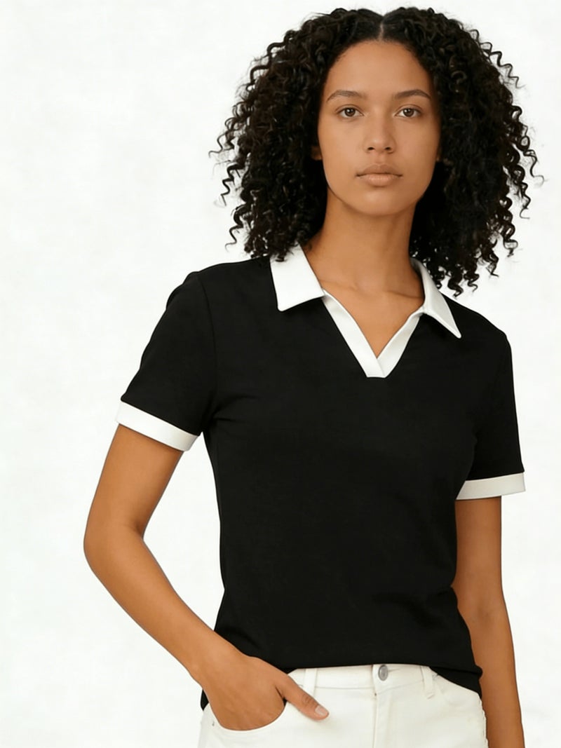Women's Shirt, Summer Short - Sleeve T - Shirt, Collar, Polyester, Color Block, Simple Women's Top, Stretchy, Pullover, Spring\u002FSummer Style, Casual Business Style, Women's Apparel,... - Image 3
