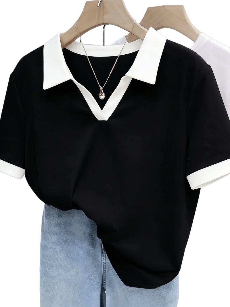 Women's Shirt, Summer Short - Sleeve T - Shirt, Collar, Polyester, Color Block, Simple Women's Top, Stretchy, Pullover, Spring\u002FSummer Style, Casual Business Style, Women's Apparel,... - Image 1