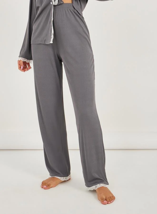 Styli Rib Lace Trim Pocket Shirt & Pyjama Set