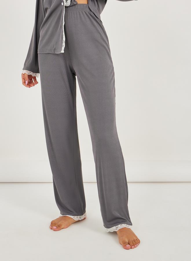 Styli Rib Lace Trim Pocket Shirt & Pyjama Set  - Image 4