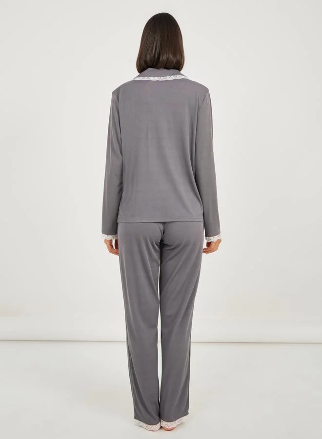 Styli Rib Lace Trim Pocket Shirt & Pyjama Set