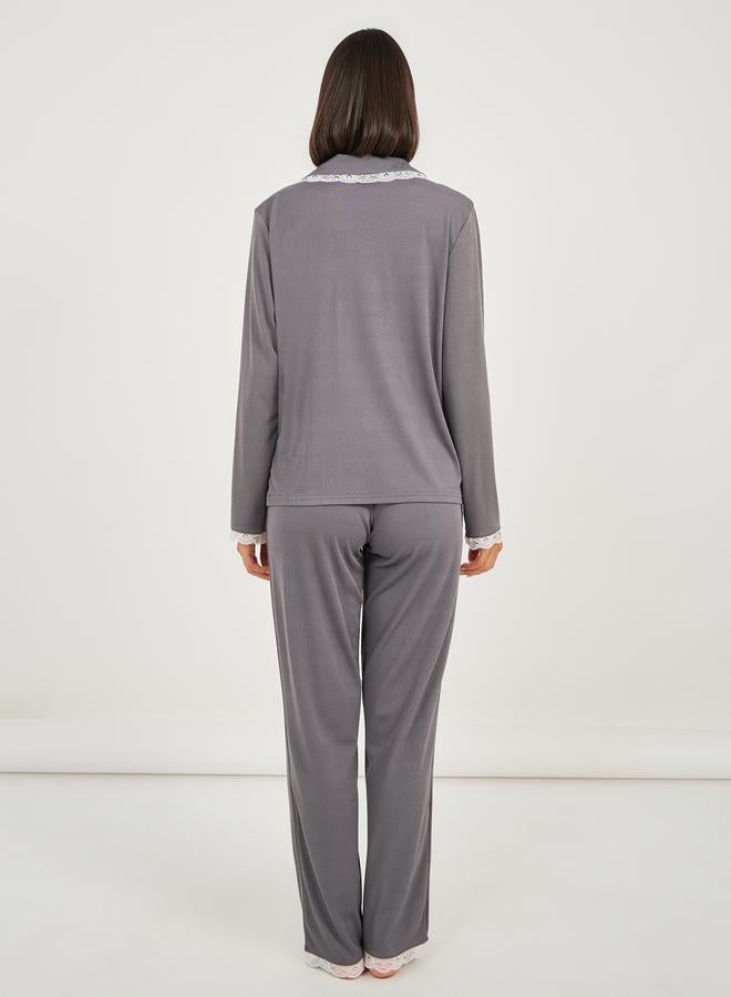 Styli Rib Lace Trim Pocket Shirt & Pyjama Set  - Image 5