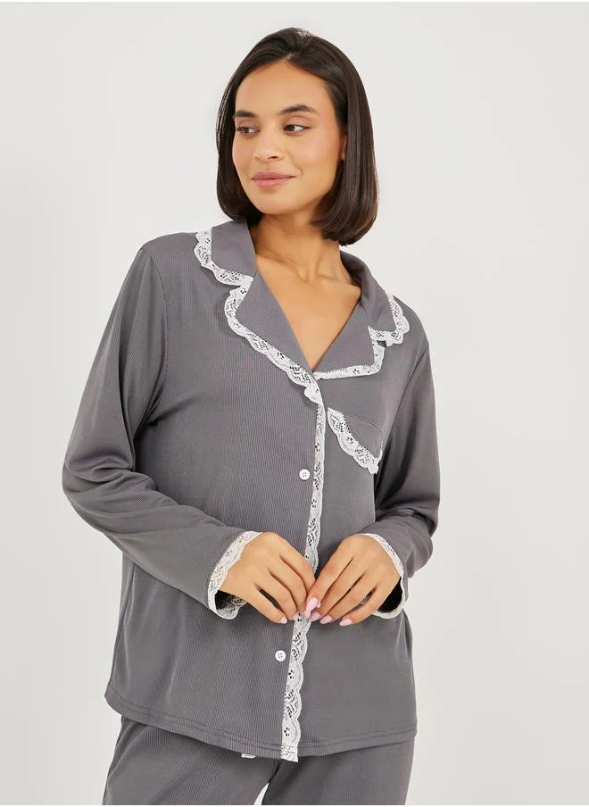 Styli Rib Lace Trim Pocket Shirt & Pyjama Set