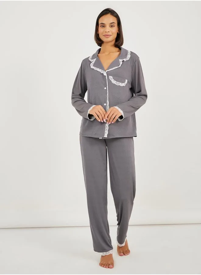 Styli Rib Lace Trim Pocket Shirt & Pyjama Set