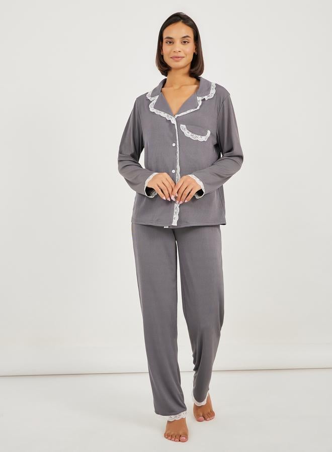 Styli Rib Lace Trim Pocket Shirt & Pyjama Set  - Image 1
