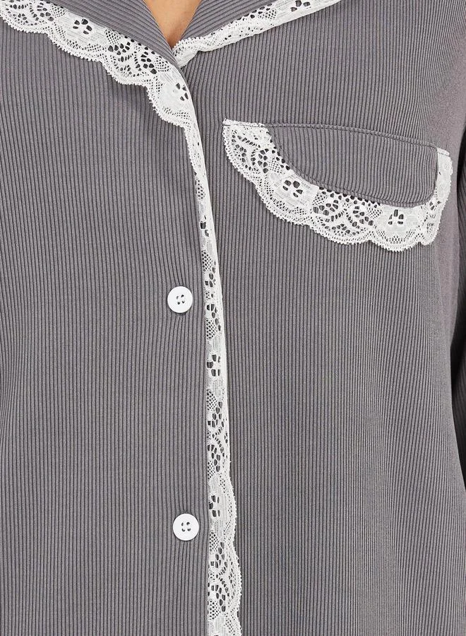Styli Rib Lace Trim Pocket Shirt & Pyjama Set