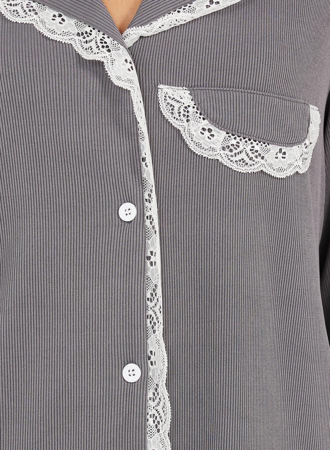 Styli Rib Lace Trim Pocket Shirt & Pyjama Set  - Image 3