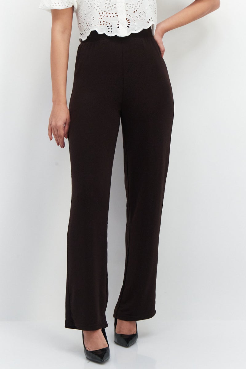 PIECES Women High Waist Stretchable Textured Palazzo Pants, Brown  - Image 1