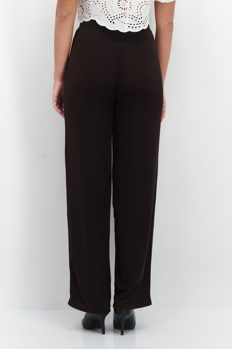 PIECES Women High Waist Stretchable Textured Palazzo Pants, Brown  - Image 3