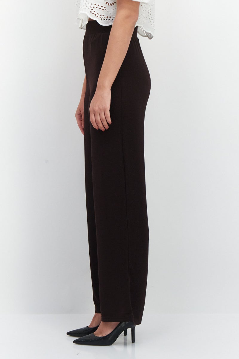 PIECES Women High Waist Stretchable Textured Palazzo Pants, Brown  - Image 2