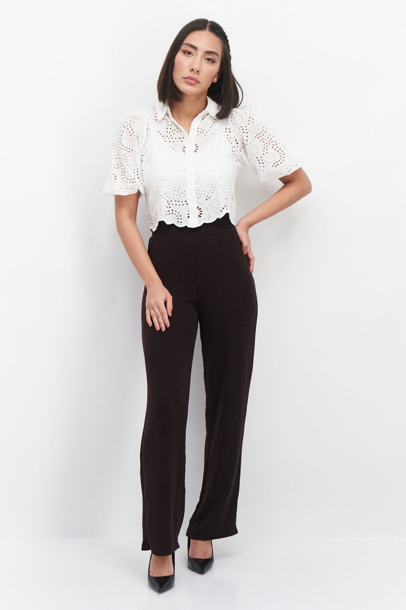PIECES Women High Waist Stretchable Textured Palazzo Pants, Brown  - Image 4