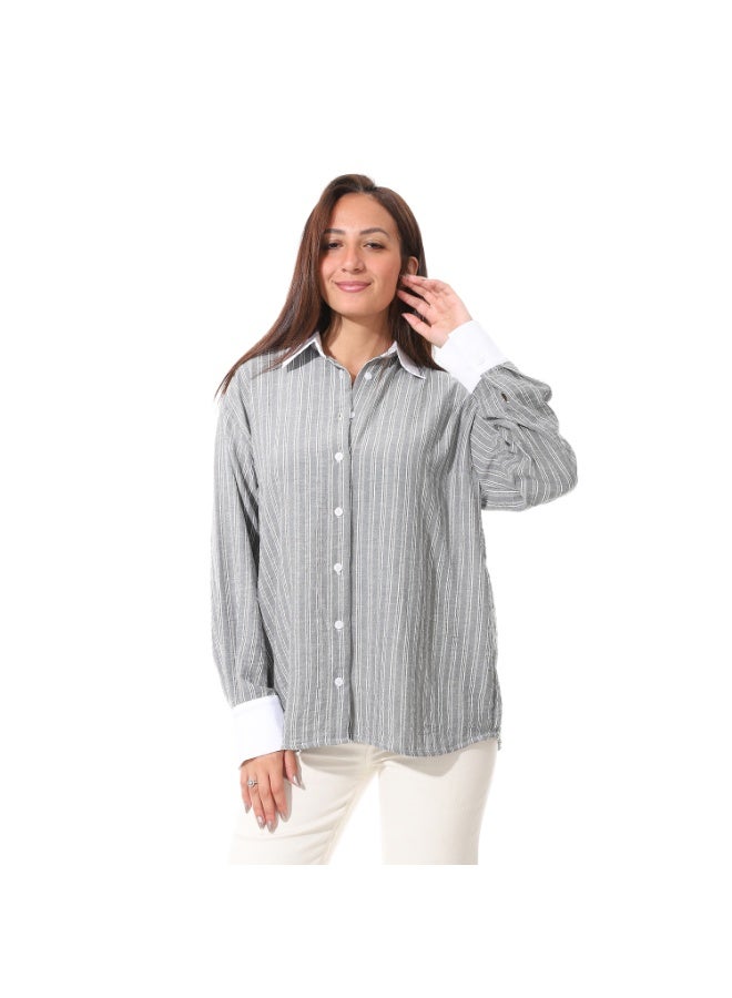 Coctail 3681-Striped Button-Down Shirt-Grey  - Image 1