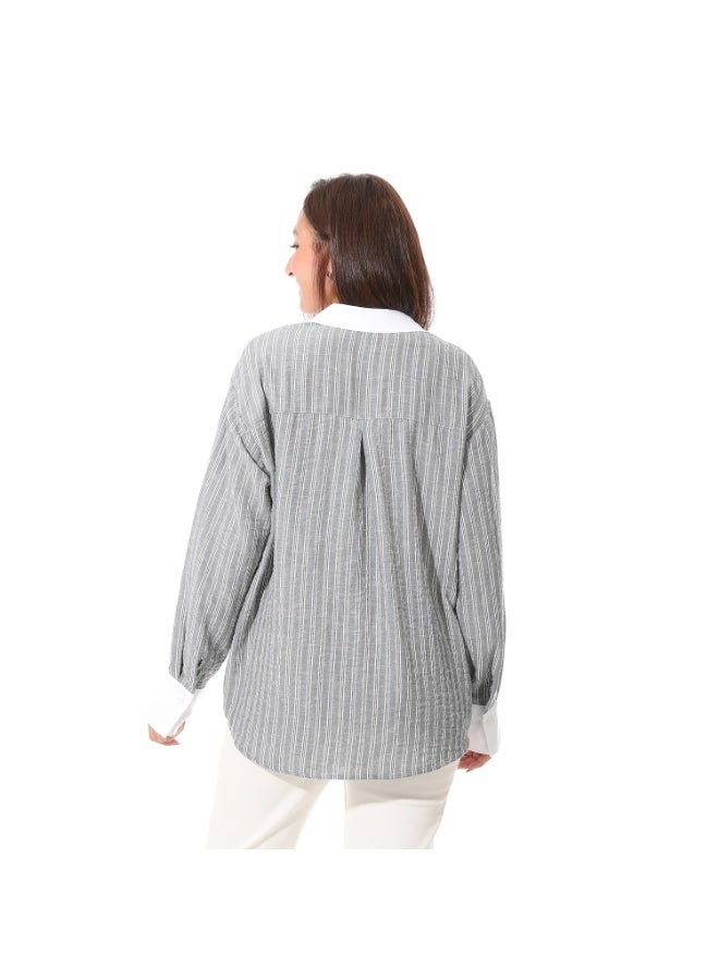 Coctail 3681-Striped Button-Down Shirt-Grey  - Image 3