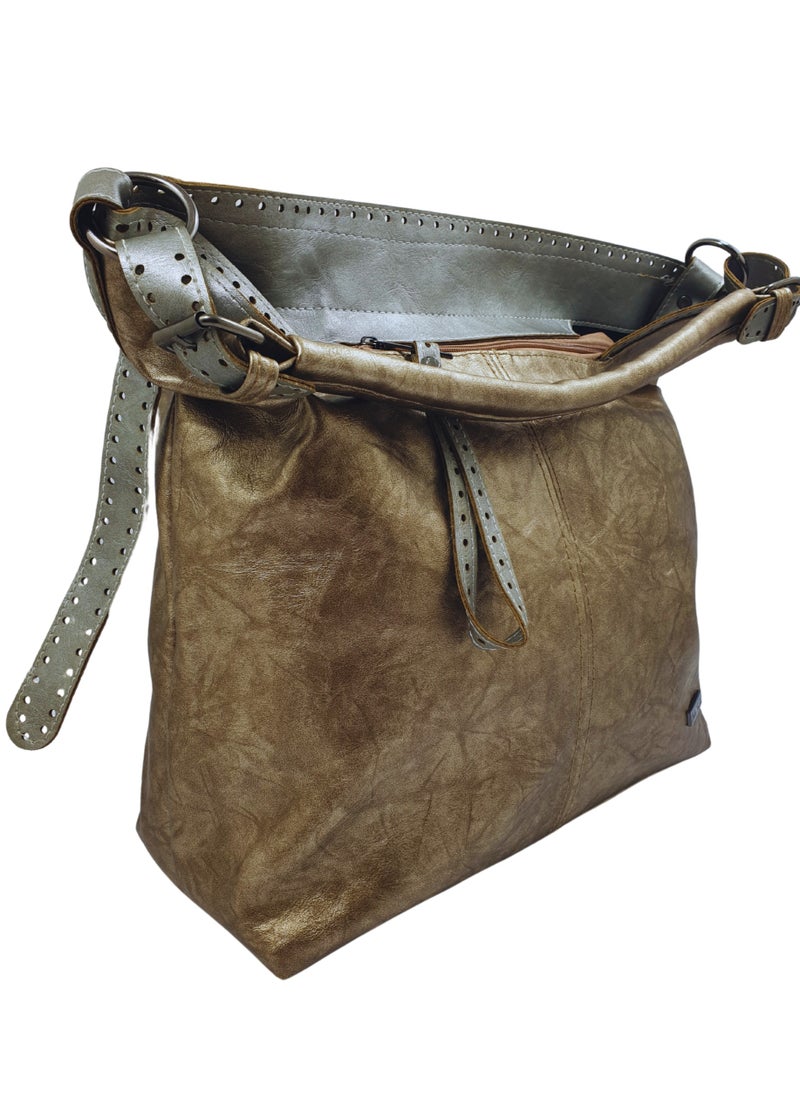 TO FASHION - TO 3007 LEATHER WOMEN’S TOP HANDLE BAG, SHOULDER BAG, CROSS BODY BAG WITH DETACHABLE STRAP, MODERN AND ELEGANT DESIGN, DIMENSIONS 34*32*15 CM GOLD A - Image 1