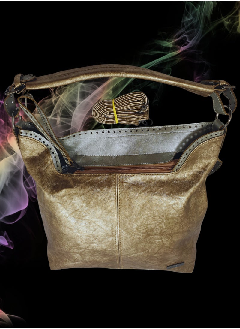 TO FASHION - TO 3007 LEATHER WOMEN’S TOP HANDLE BAG, SHOULDER BAG, CROSS BODY BAG WITH DETACHABLE STRAP, MODERN AND ELEGANT DESIGN, DIMENSIONS 34*32*15 CM GOLD A - Image 1