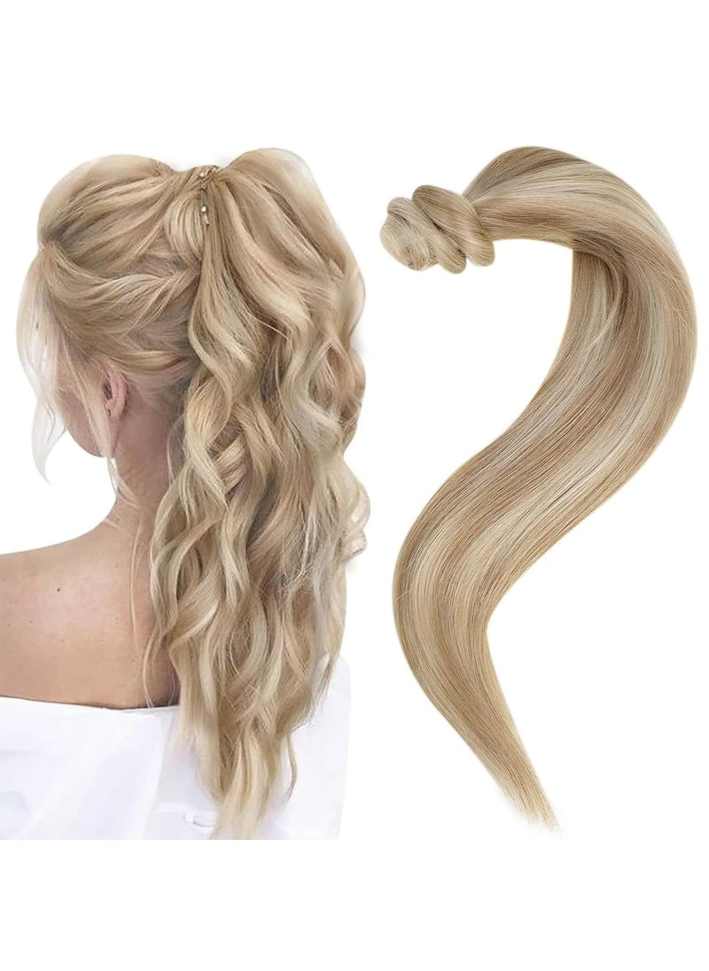 Easyouth - Easyouth Blonde Pony Talis Hair Extensions Real Human Hair Straight Ponytail Extension Golden Blonde Highlighted Honey Blonde Wrap Around Ponytail Human Hair Extensions Natural 16Inch 80g 16P24 - Image 1