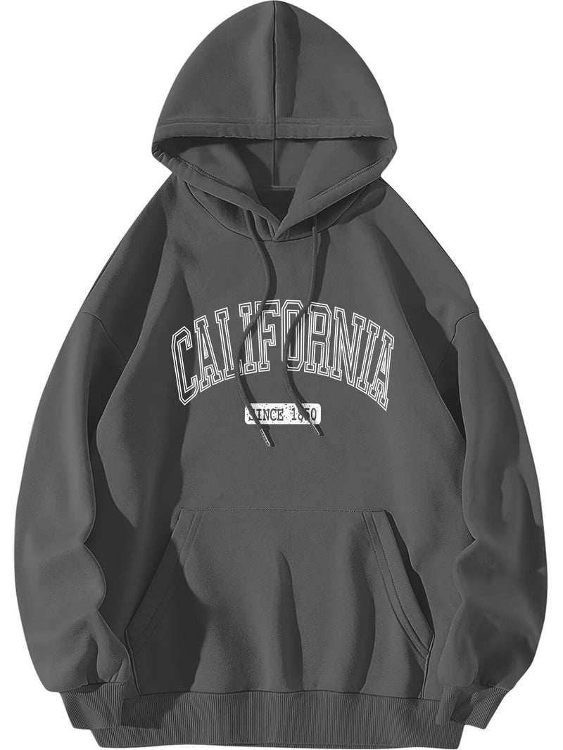 ORANDESIGNE Letter Graphic Print Hoodies for Women Oversized Long Sleeve Casual Drawstring Fall Pullover Sweatshirt Tops CALIFORNIA Grey Large