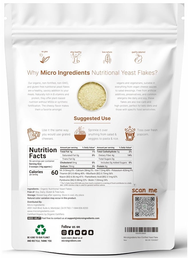 Micro Ingredients رقائق الخميرة الغذائية العضوية غير المدعمة، 2 باوند | غنية بالبروتين النباتي، وفيتامينات ب وبيتا-غلوكان | مناسبة للكيتو، بديل جبن خالي من الألبان، غير معدلة وراثيًا، خالية من الغلوتين - Image 2