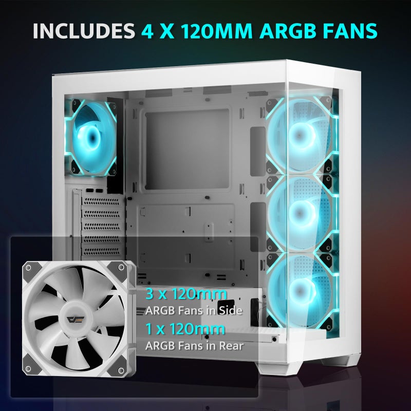 darkFlash ATX Mid-Tower PC Case, Pre-Install 4 PWM ARGB Fans Computer Case, Full View Dual Tempered Glass Gaming PC Case, Type C Port, Supports up to 360mm Water Cooling Radiator, White(DS900) - Image 4