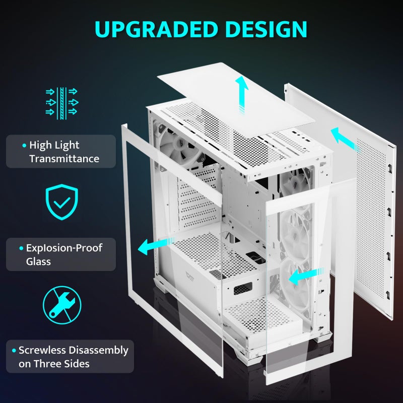darkFlash ATX Mid-Tower PC Case, Pre-Install 4 PWM ARGB Fans Computer Case, Full View Dual Tempered Glass Gaming PC Case, Type C Port, Supports up to 360mm Water Cooling Radiator, White(DS900) - Image 2